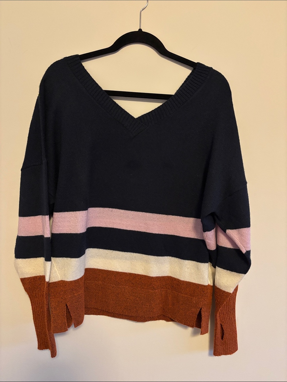 Prana Norfolk V-Neck Sweater Navy with, Cream,pink & Rust Stripes